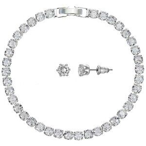 PRIMAVERA 2pc Romantic Silver Plated Clear CZ Tennis Bracelet/Stud Earrings Set